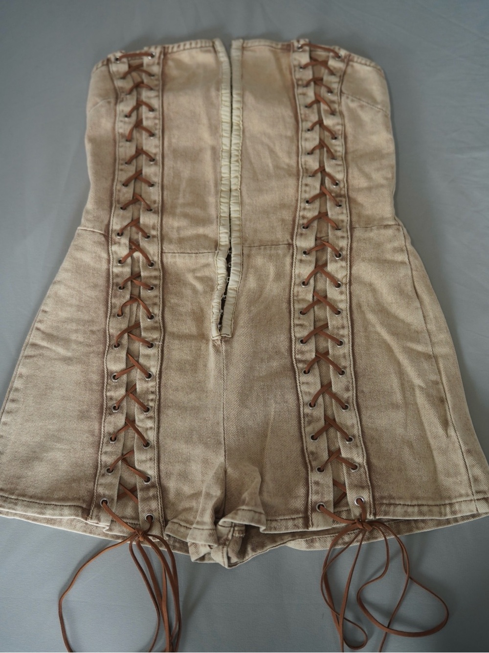 Fashion Nova Tan Lace-Up Strapless Romper